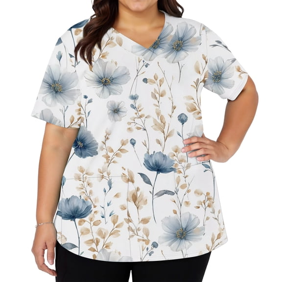 Women's Fashionable V-Neck Short Sleeve Work Top with Double Side Slits and Pockets, Retro Floral Print Blouse for Nursing, Uniform, and Casual Workwear,White,5XL