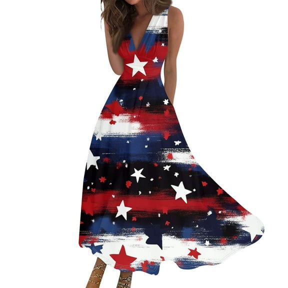 Women's Fashionable V-Neck Sleeveless Dress Loose Fit Independence Day Print, Long Casual Sundress for Beach Vacations and Parties,Black S