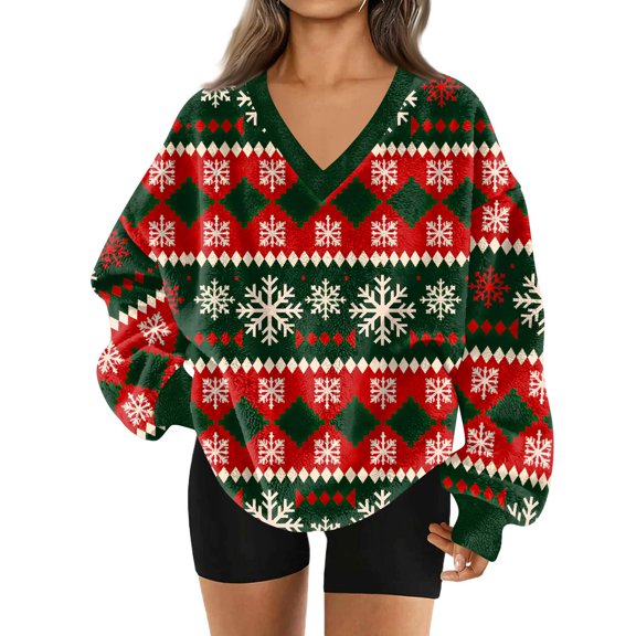 Women's Fashionable V-neck Christmas Printed Long Sleeved Casual Pullover Plush Warm Pocket Sweatshirt Top for Winter Wear