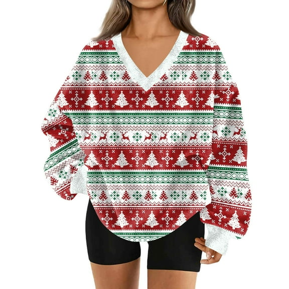 Women's Fashionable V-neck Christmas Printed Long Sleeved Casual Pullover Plush Warm Pocket Sweatshirt Top for Winter Wear