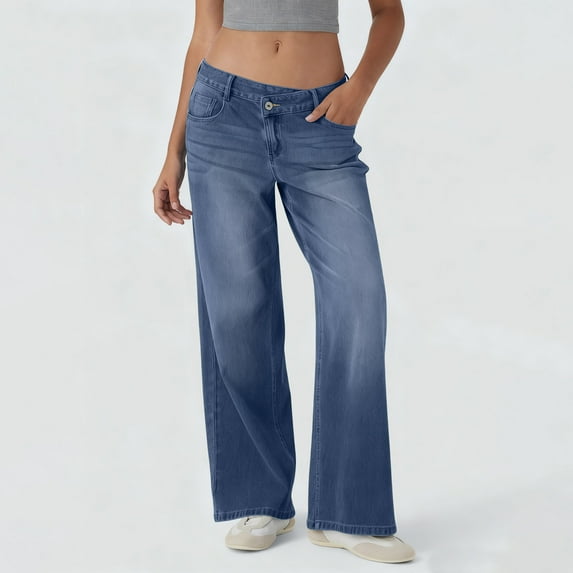 Women's Fashionable Versatile Asymmetric Low Waist Loose-Fit Casual Jeans, Denim Pants for Women, Trendy Wear,Sky Blue,S