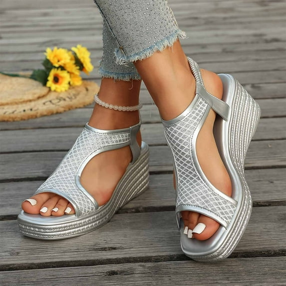 Women's Fashionable Versatile Beach Wedge Sandals-Solid Color Peep Toe Open Toe Thick Sole Silver 36