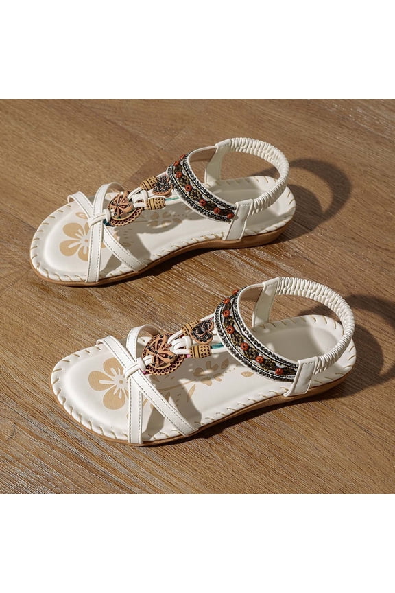 Women's Fashionable Versatile Beaded Sandals-Plus Size Soft Sole Bohemian Ethnic Beach Slippers White 43