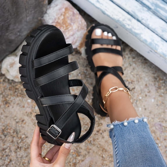 Women's Fashionable Versatile Plus Size Beach Sandals-Solid Color Round Toe Open Toe Buckle Black 38
