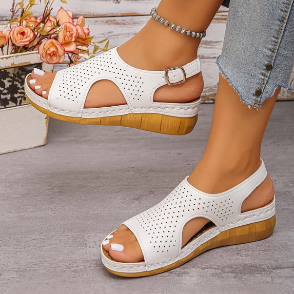 Women's Fashionable Versatile Plus Size Beach Wedge Sandals-Solid Color Peep Toe Open Toe White 37