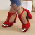 thumbnail image 1 of Women's Fashionable Versatile Suede Sandals-Plus Size Back Zipper Peep Toe Chunky Heel Slippers Red 37, 1 of 9