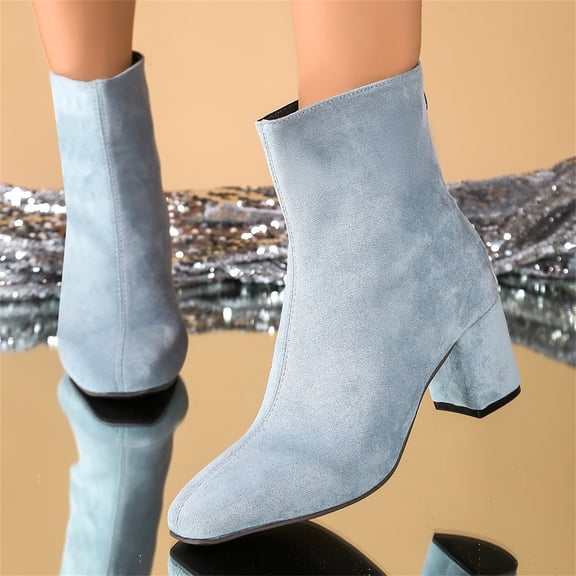 Women's Fashionable Vintage Chunky-Heel Square-Toe Multicolor Suede Fashion Boots Blue