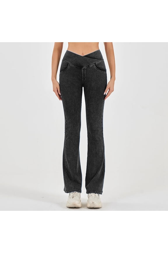 Women's Fashionable Waistband Elastic Double Pocket Sports Outerwear Yoga Fitness Pants Jeans Denim Boot Cut Jean Overalls for Women Pants Jean Rompers for Women Long Pant Relativity Leggings Jean's