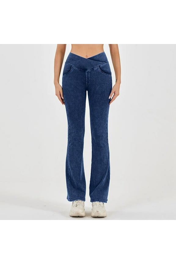 Women's Fashionable Waistband Elastic Double Pocket Sports Outerwear Yoga Fitness Pants Jeans Denim Boot Cut Jean Overalls for Women Pants Jean Rompers for Women Long Pant Relativity Leggings Jean's