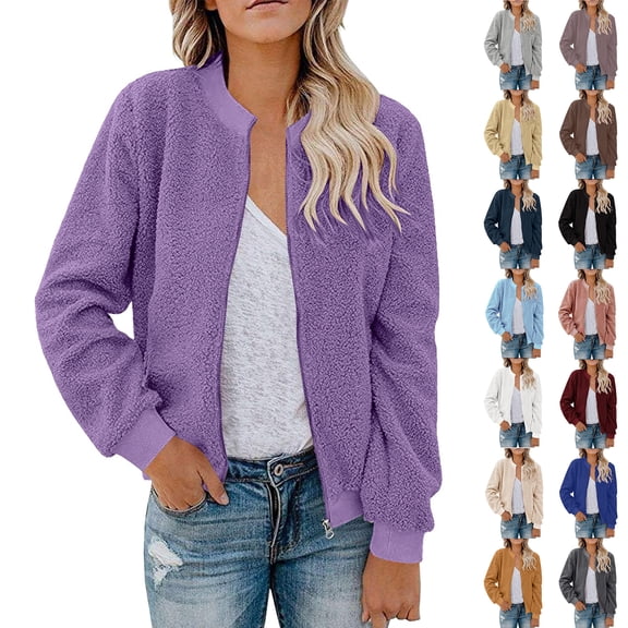 Women's Fashionable Warm Shearling Jacket with Zip Up Solid Color Outerwear for Casual Outings, Winter Style, and Christmas Events,Pink,L