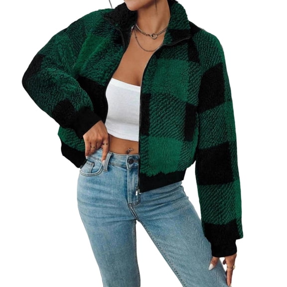 Women's Fashion Plaid Plush Jacket - Zipper Warm Loose Long-Sleeved Short Winter Outerwear, Green, S