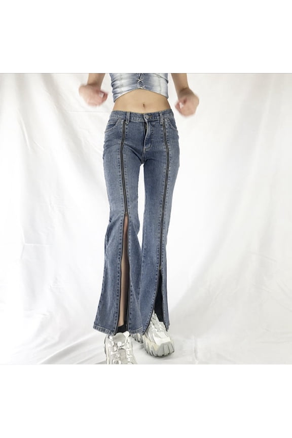 Women's Fashionable Zipper Slit Flared High Waisted Denim Pants With Light Blue Wash Jeans Mod Mom Jean Pants for Women Temp Life Leggings Knit Denim Leggings for Women Jean Pants for Women Cut up