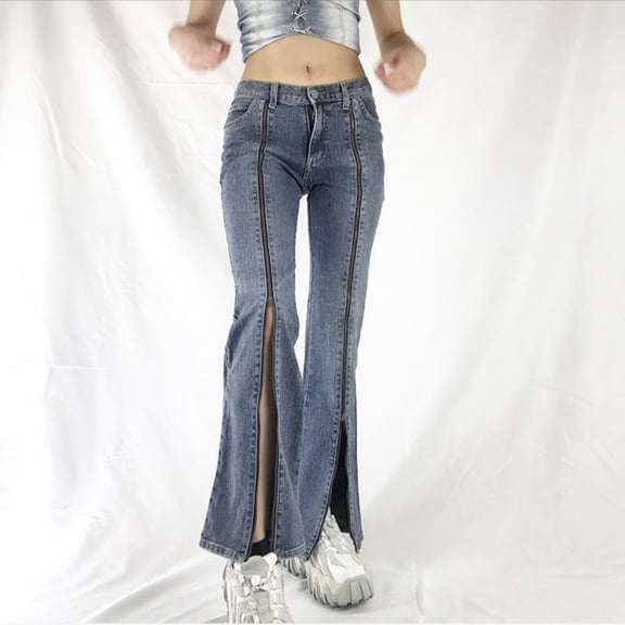 Women's Fashionable Zipper Slit Flared High Waisted Denim Pants With Light Blue Wash Jeans Tall Woman Clothes Denim Womens Womens Jean Overalls Pants Straight Jean Women Jean Pants for Women Cut up