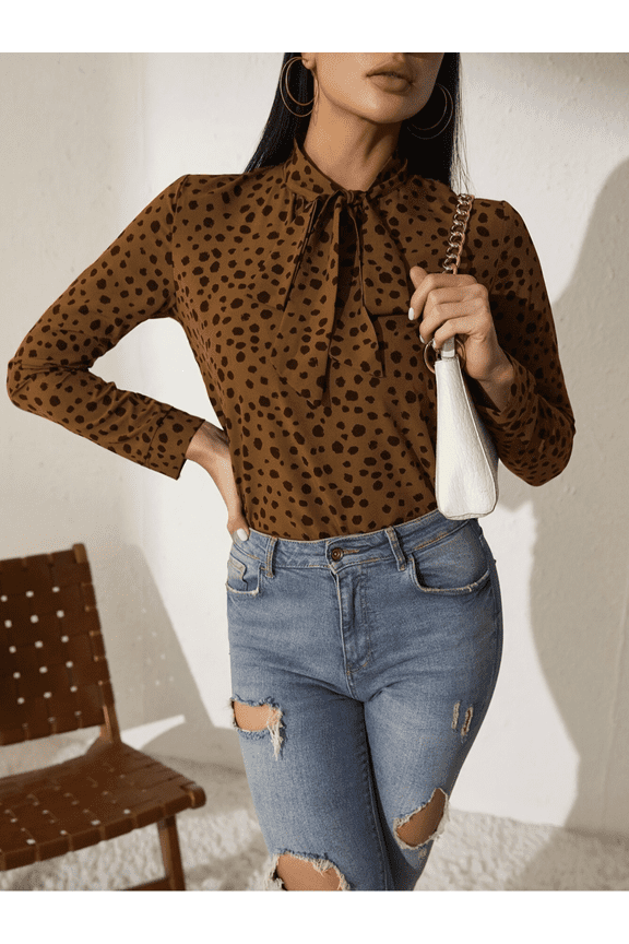 Women's Fashionable and Elegant Collar Bow Full Body Leopard Print Long Sleeved Slim Fit Shirt