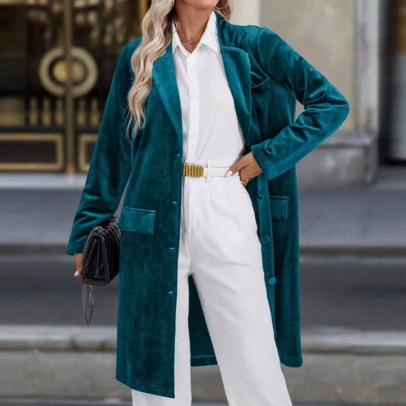 Women's Fashionable and Elegant Lapel Long-sleeved Single-breasted Long Coat Cyan L