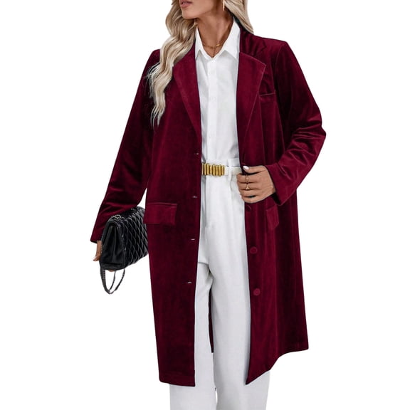 Women's Fashionable and Elegant Lapel Long-sleeved Single-breasted Long Coat Wine XL