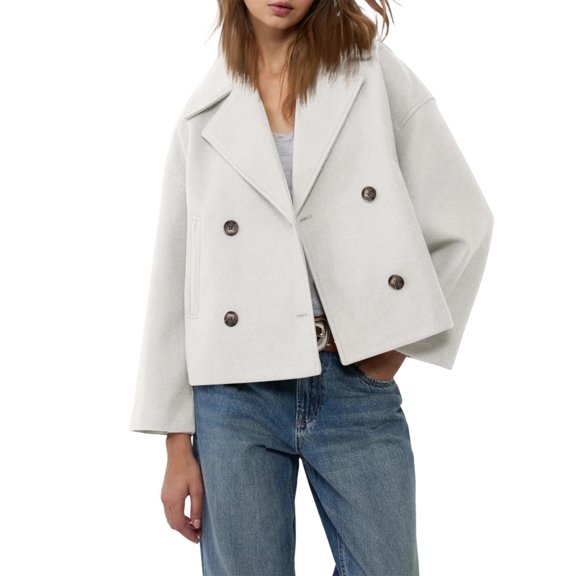 Women's Fashionable and Elegant Solid Color Lapel Woolen Short Thick Long-sleeved Coat White L