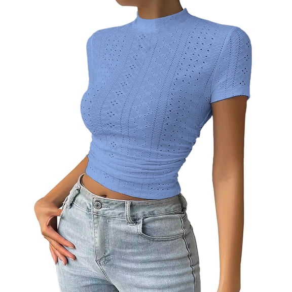 Women's Fashionable and Simple Crop Top with Exposed Navel High Neck Mesh Versatile Top