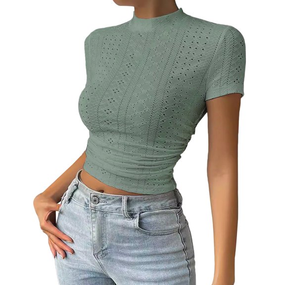 Women's Fashionable and Simple Crop Top with Exposed Navel High Neck Mesh Versatile Top