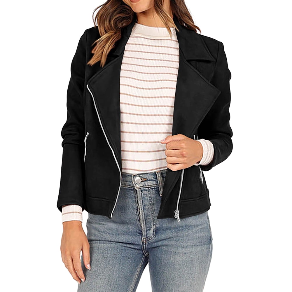 Women s Faux Deerskin Jacket Fashion Long Sleeve Zipper Short