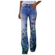 Women's Faux Denim Flared Pants Long Multiple Daisy Printed Casual Loose Pants Comfortable Micro Relaxed Fit Comfort Wear For Daily Styling