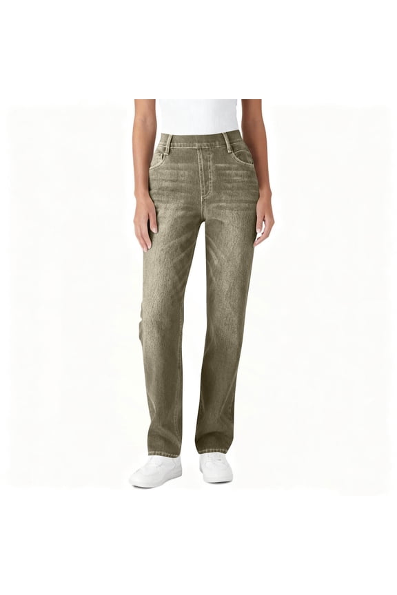 Women's Faux Denim Pants Elastic Waist Straight Leg Classic Trousers with Pockets Olive Green S