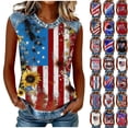 thumbnail image 1 of Women's Faux Denim Trim Tanks Independence Day Stripe Star Waffle Knit Tops Daily Round Neck Casual Blouses, 1 of 8