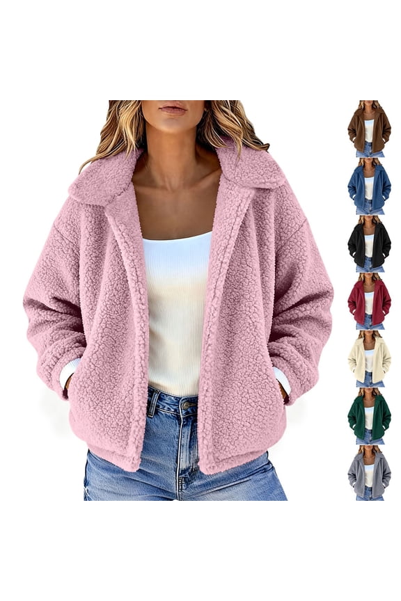 Women's Faux Fleece Long Sleeve Coat Jacket Outerwear, Solid Color Casual Loose Fit Winter Warm Coat with Pockets, Fall and Winter Fashion Essential for Daily Wear Travel Streetwear