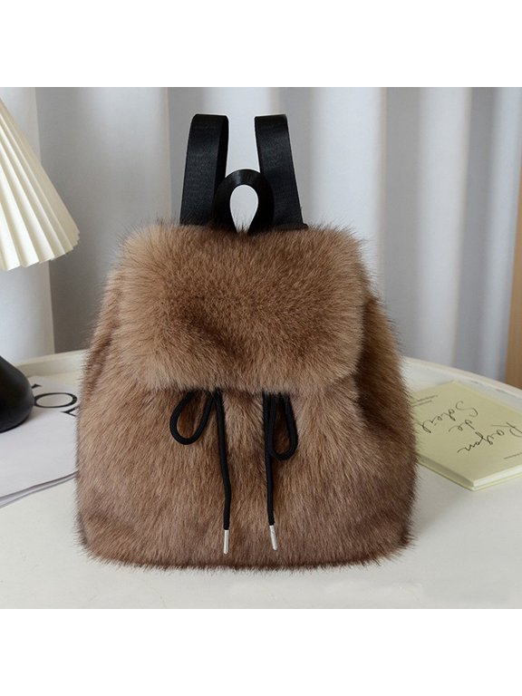 Women's Faux Fox Fur Backpack – Large Capacity Drawstring & Magnetic Snap Closure, Casual College Student Shoulder Bag with Flap Design, Soft Plush & Stylish for Daily Use