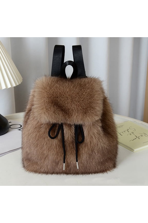 Women's Faux Fox Fur Backpack – Large Capacity Drawstring & Magnetic Snap Closure, Casual College Student Shoulder Bag with Flap Design, Soft Plush & Stylish for Daily Use