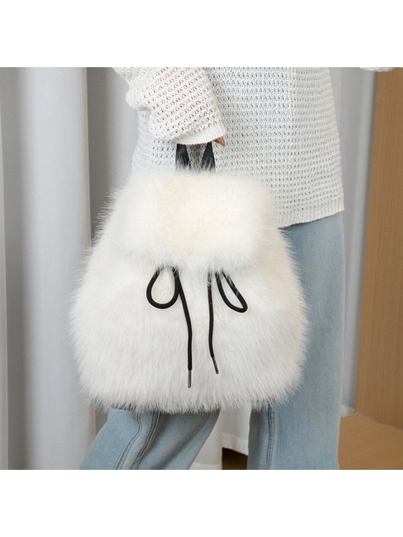 Women's Faux Fox Fur Backpack – Large Capacity Drawstring & Magnetic Snap Closure, Casual College Student Shoulder Bag with Flap Design, Soft Plush & Stylish for Daily Use