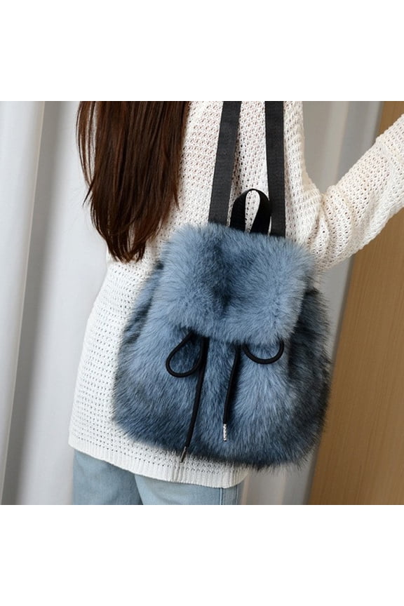 Women's Faux Fox Fur Backpack – Large Capacity Drawstring & Magnetic Snap Closure, Casual College Student Shoulder Bag with Flap Design, Soft Plush & Stylish for Daily Use