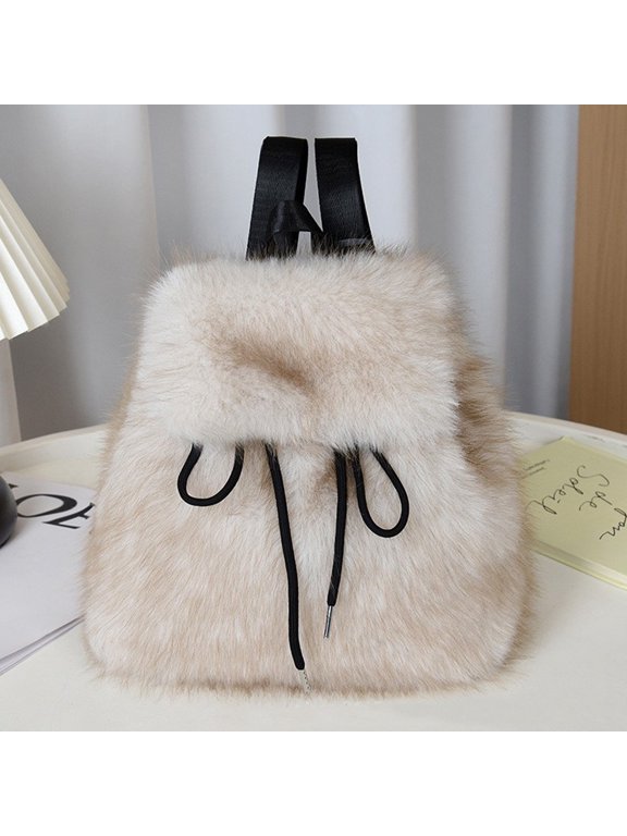Women's Faux Fox Fur Backpack – Large Capacity Drawstring & Magnetic Snap Closure, Casual College Student Shoulder Bag with Flap Design, Soft Plush & Stylish for Daily Use