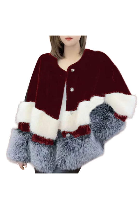 Women's Faux Fox Fur Jacket Thick Warm Overcoat Fluffy Button Down Color Block Long Sleeve Fashion Coat Outerwear (L, Wine)