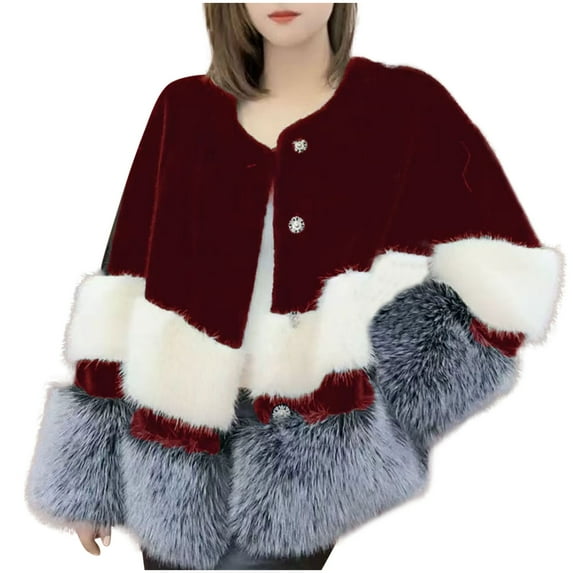 Women's Faux Fox Fur Jacket Thick Warm Overcoat Fluffy Button Down Color Block Long Sleeve Fashion Coat Outerwear (S, Wine)