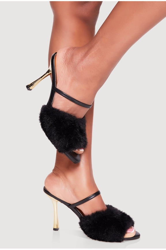 Women's Faux Fur Band Peep Toe High Heel Mules