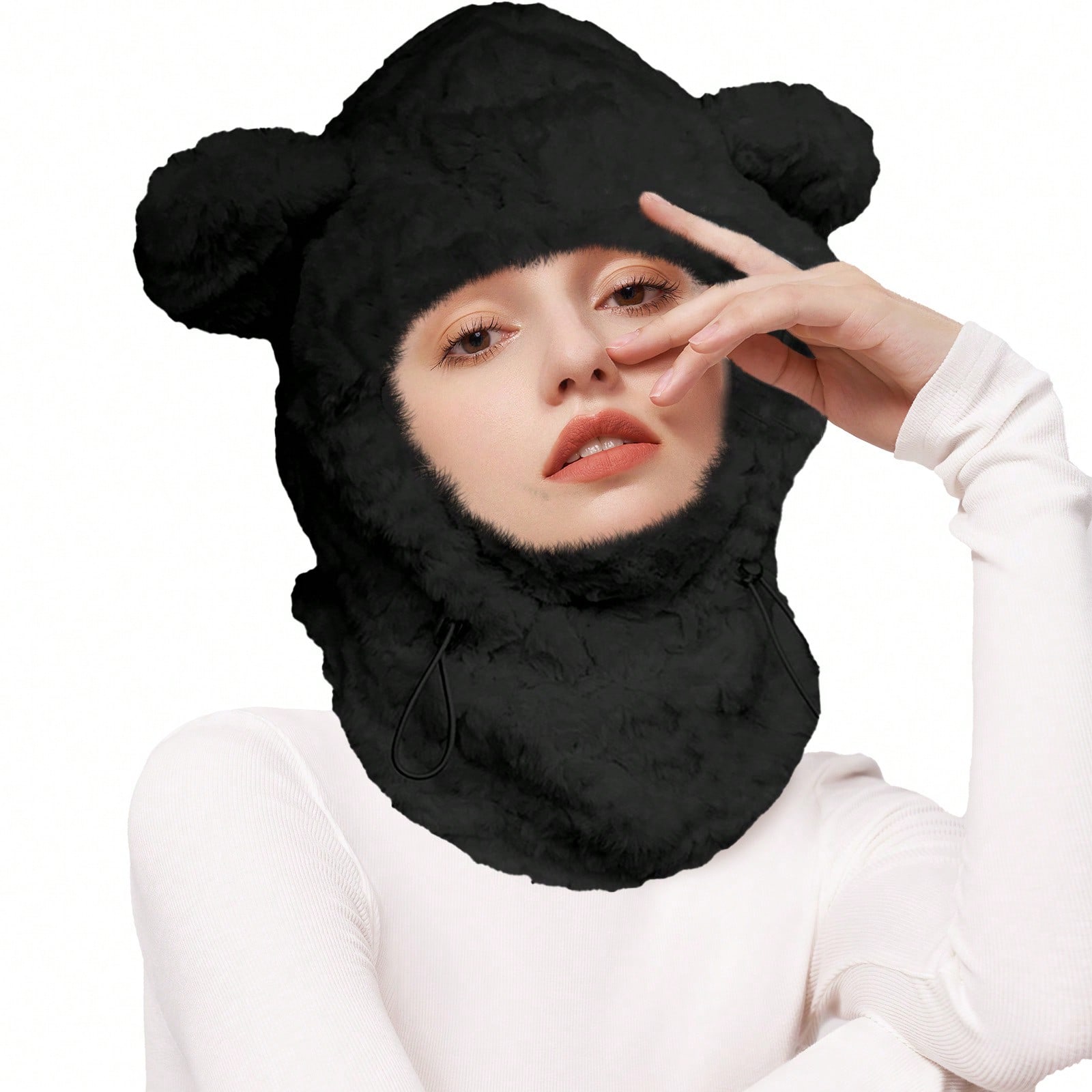 Women's Faux Fur Bear Ear Balaclava Hat Winter Warm Full-Face Cover Cute Plush Ski Mask