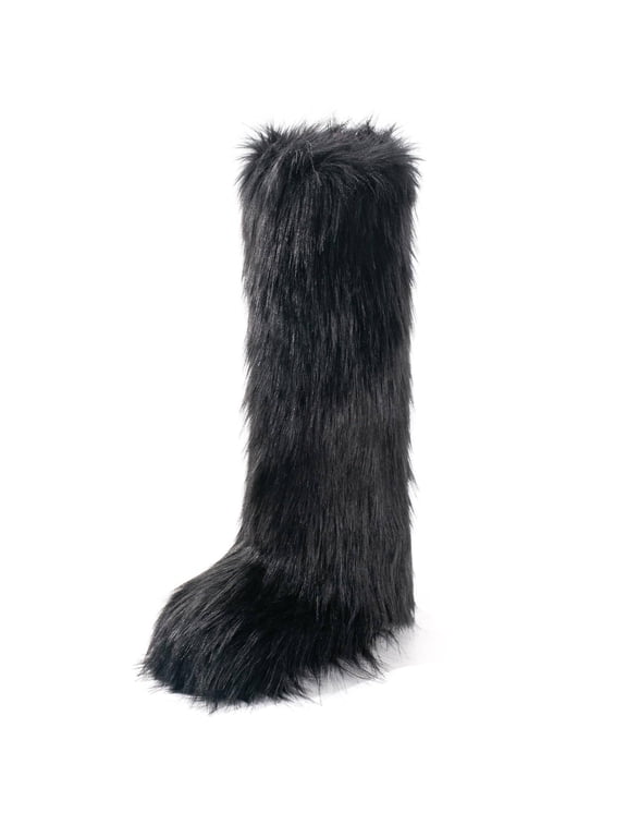 Women's Faux Fur Boot Furry Fluffy Round Toe Suede Winter Comfy Plush Warm Short Outdoor Indoor Flat Shoes Knee-High Boots