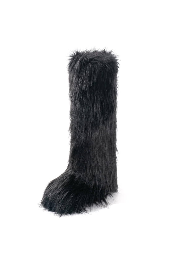 Women's Faux Fur Boot Furry Fluffy Round Toe Suede Winter Comfy Plush Warm Short Outdoor Indoor Flat Shoes Knee-High Boots