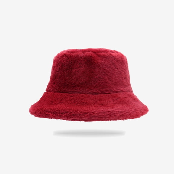 Women's Faux Fur Bucket Hat, Winter Plush Fisherman Cap with Soft Pile Lining, Crushable Warm Hat for Skiing and Travel, Fuzzy Insulated Bucket Hat for Cold Weather Activities - Wine