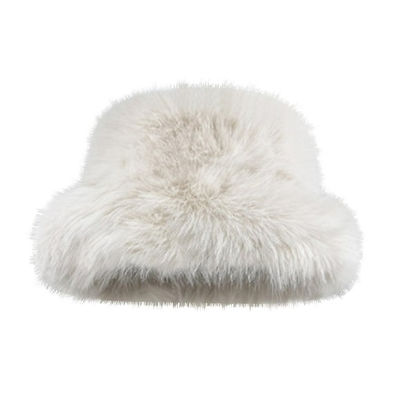 Women's Faux Fur Bucket Hats Fluffy Winter Warm Wide Brim Fisherman Cap Beige