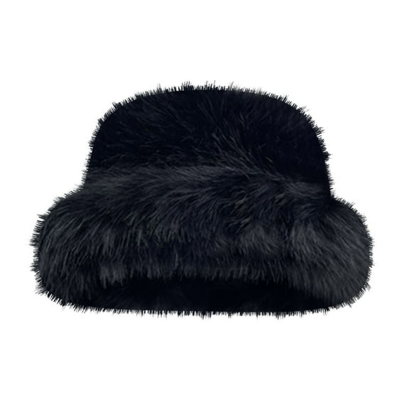 Women's Faux Fur Bucket Hats Fluffy Winter Warm Wide Brim Fisherman Cap Black