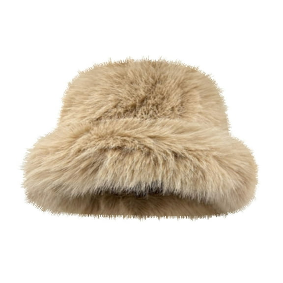 ZQUUVOU Women's Faux Fur Bucket Hats Fluffy Winter Warm Wide Brim Fisherman Cap Khaki