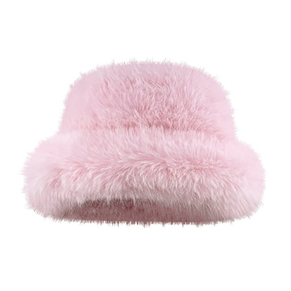 ZQUUVOU Women's Faux Fur Bucket Hats Fluffy Winter Warm Wide Brim Fisherman Cap Pink