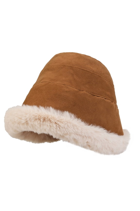 Women's Faux Fur Bucket Hats Puffy Fleece Winter Warm Wide Brims Fisherman Cap Sherpa Crochet Bucket Hat