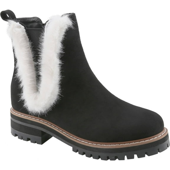 Women's Faux Fur Chelsea Ankle Boots Round Toe Low Heel Platform Bootie Slip On Chunky Lug Sole Short Booties Fall Winter Fashion Shoes