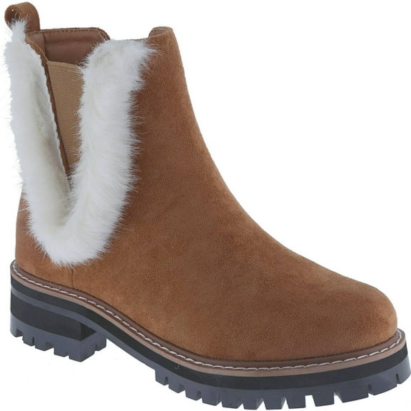 Women's Faux Fur Chelsea Ankle Boots Round Toe Low Heel Platform Bootie Slip On Chunky Lug Sole Short Booties Fall Winter Fashion Shoes