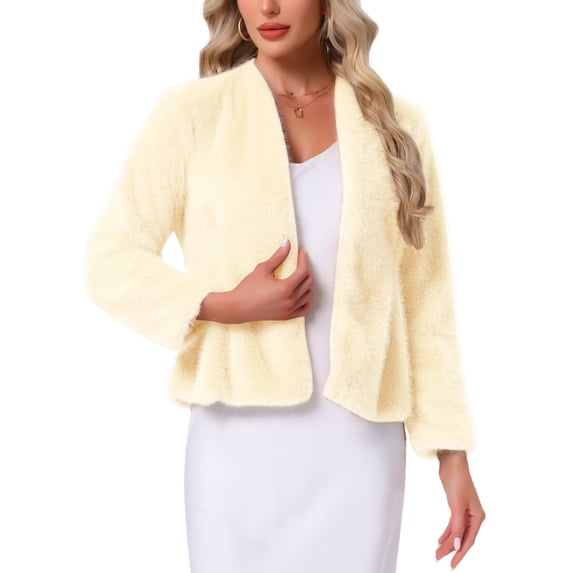 Women's Faux Fur Coat Collarless Open Front Evening Fluffy Jacket for Special Occasions and Parties XL Apricot