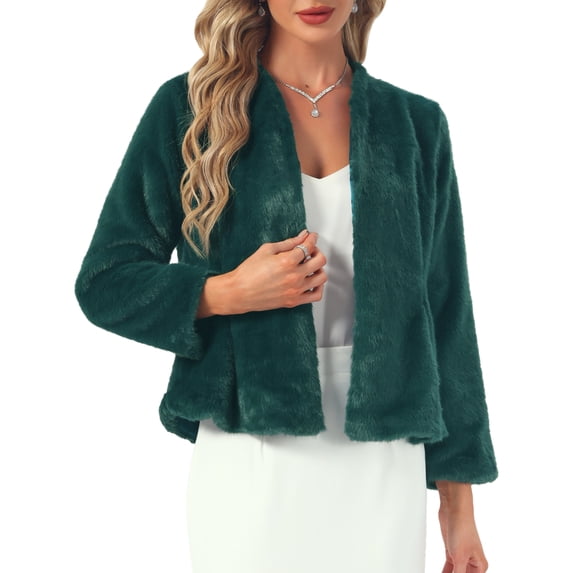Women's Faux Fur Coat Collarless Open Front Evening Fluffy Jacket for Special Occasions and Parties XL Green