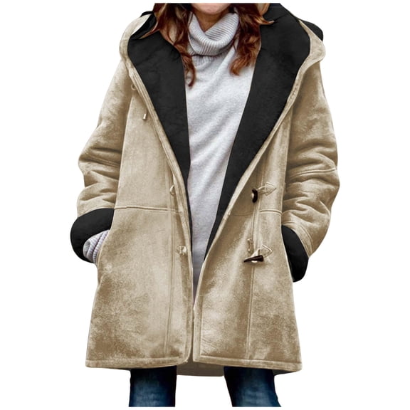 Women's Coat Reversible Sherpa Fuzzy Winter Puffer Jacket Khaki, L